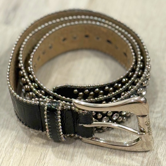 Vintage Guess Black Synthetic Leather Rhinestone Belt XL - Picture 1 of 6